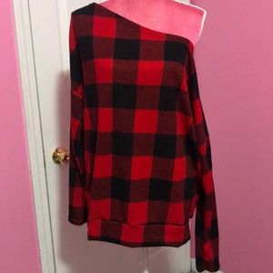 Off Shoulder Buffalo Plaid sweater